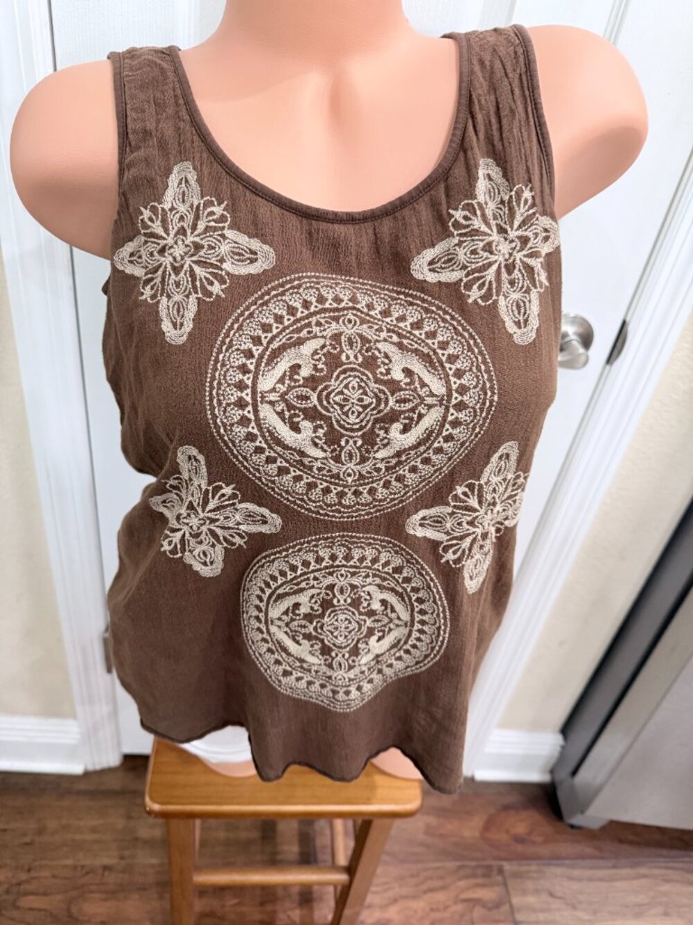 Charter Club Brown Embroidered Boho Layered Tank Top Medium Gauze Cotton - Picture 15 of 16